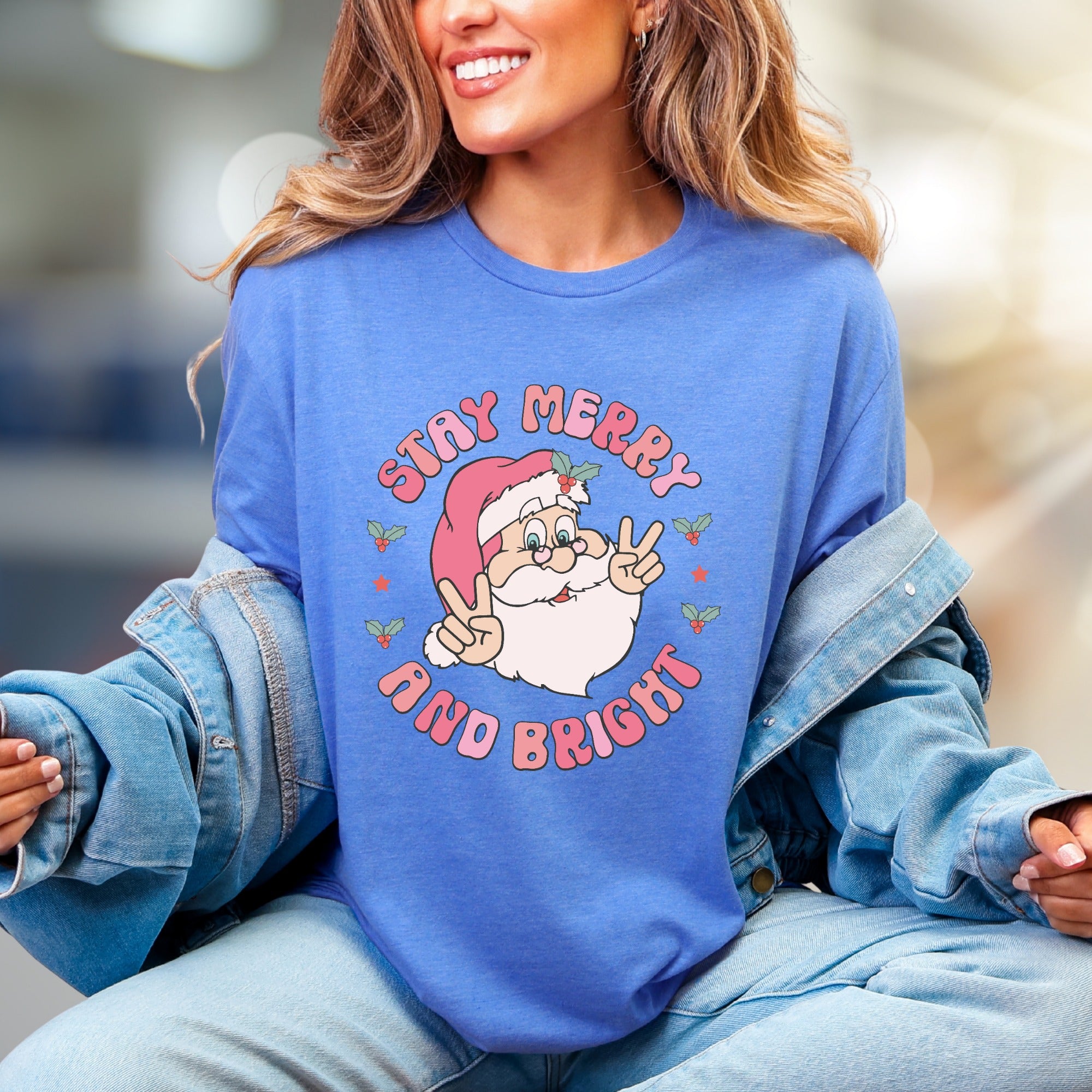 "Stay Merry and Bright" Groovy Santa Graphic Tee, a Retro Christmas Pick for Holiday Lovers