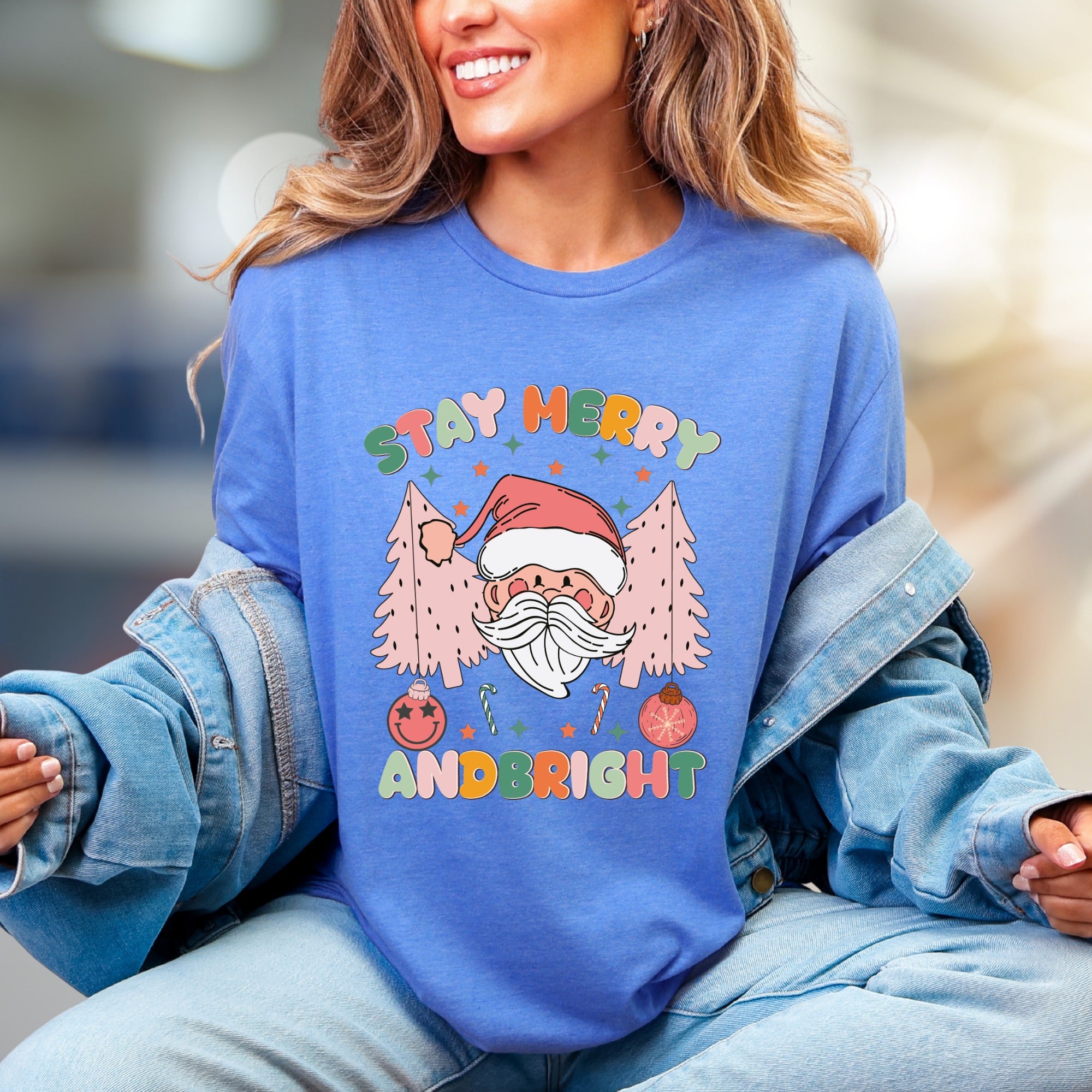 "Stay Merry and Bright" Festive Santa Graphic Tee, a Whimsical Holiday Pick for Everyone