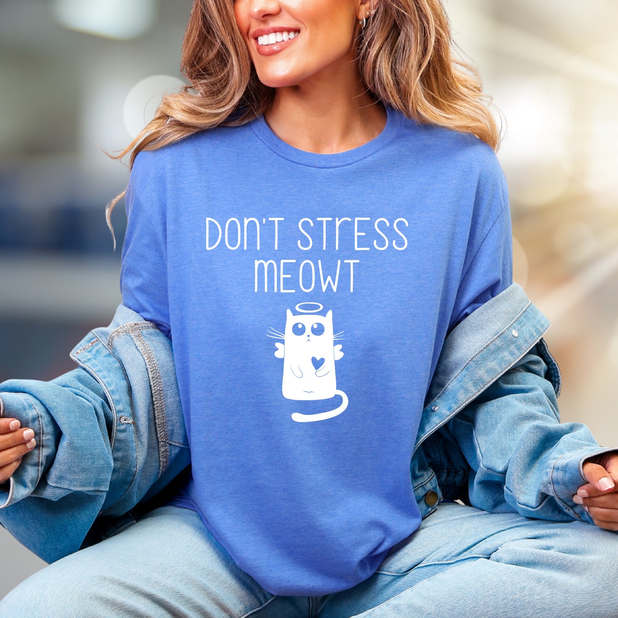 "Don't Stress Meowt" Angel Cat Graphic Tee, a Whimsical Pick for Cat Lovers