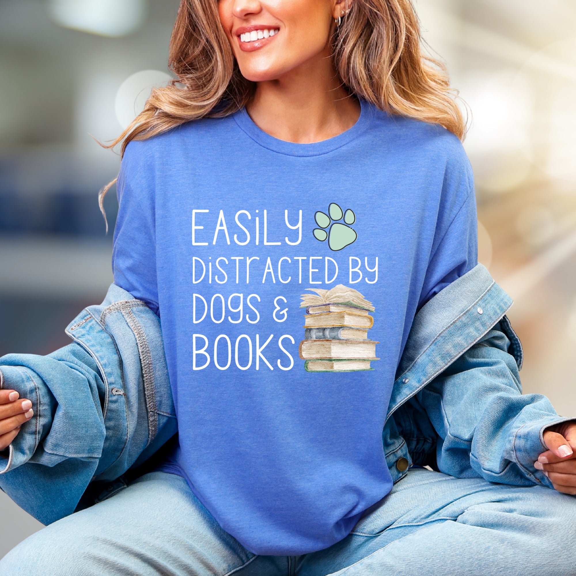 "Easily Distracted by Dogs & Books" Cozy Graphic Tee, a Pet Lover's Pick for Readers