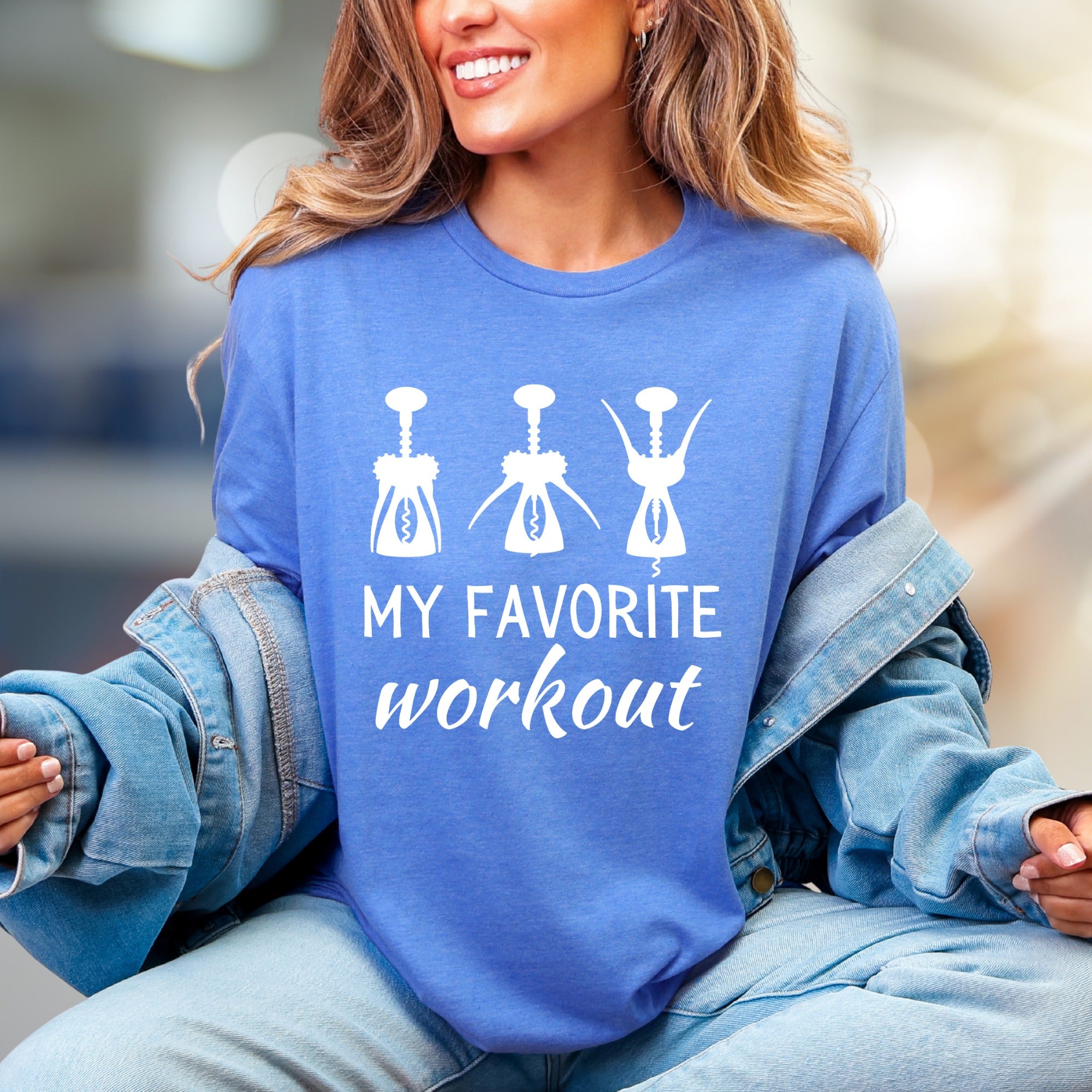 "My Favorite Workout" Wine Corkscrew Graphic Tee, a Witty Pick for Wine Lovers