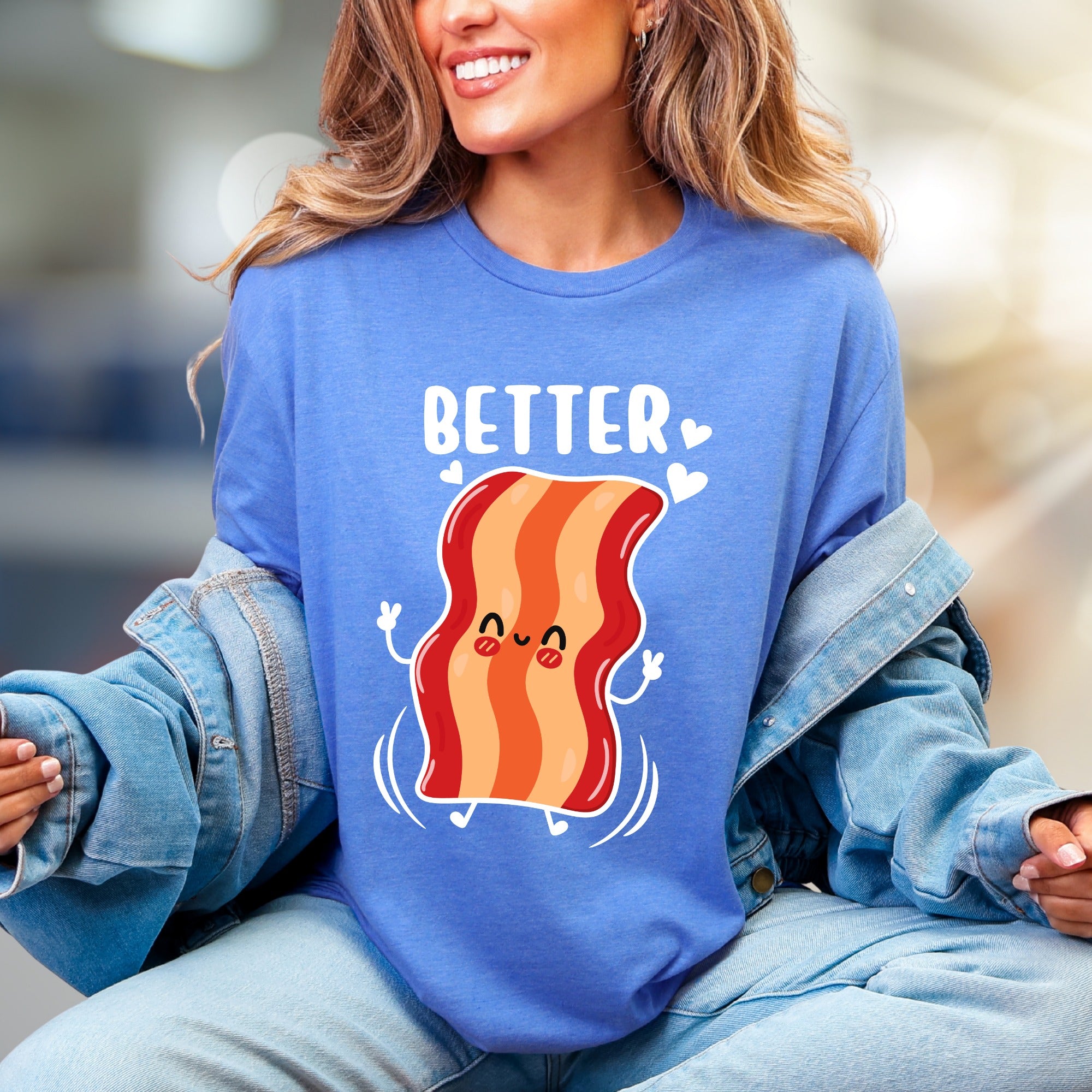 "BETTER" Cute Bacon Jumping Graphic Tee, a Fun Foodie Pick for Couples