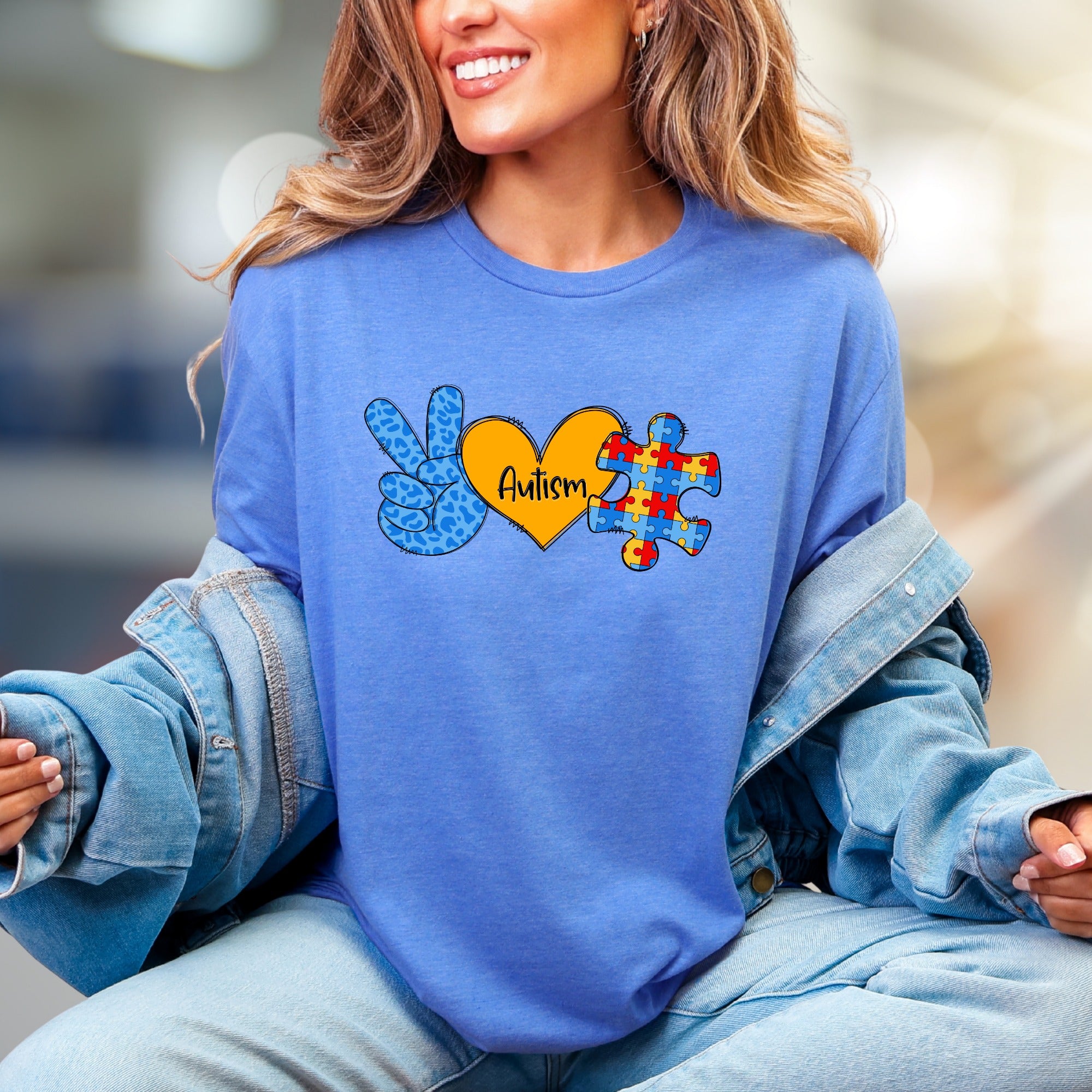 “Autism” Peace, Love & Puzzle Graphic Tee, a Supportive Awareness Pick for Advocates