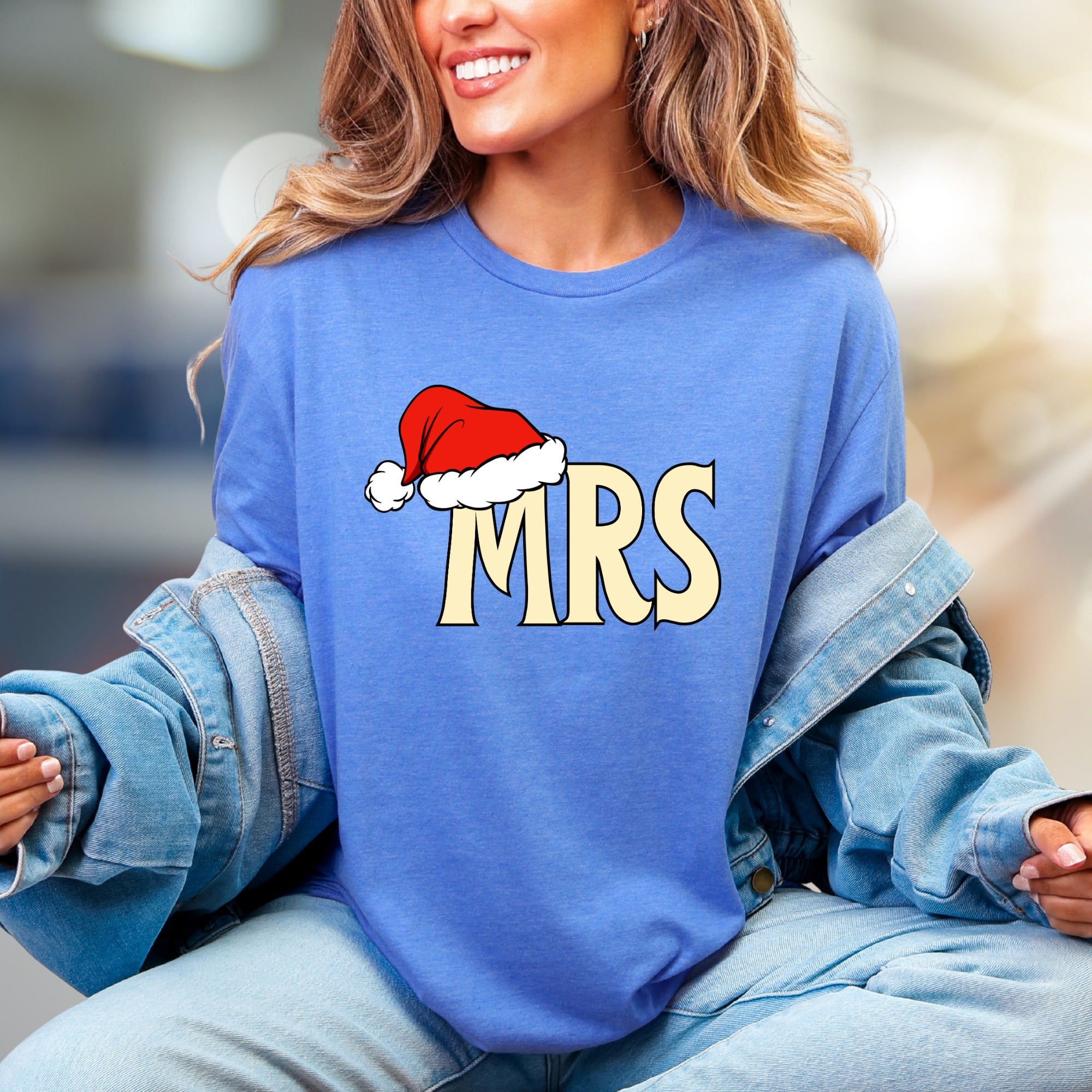 "MRS" Christmas Santa Hat Graphic Tee, a Festive Couple's Pick for Her