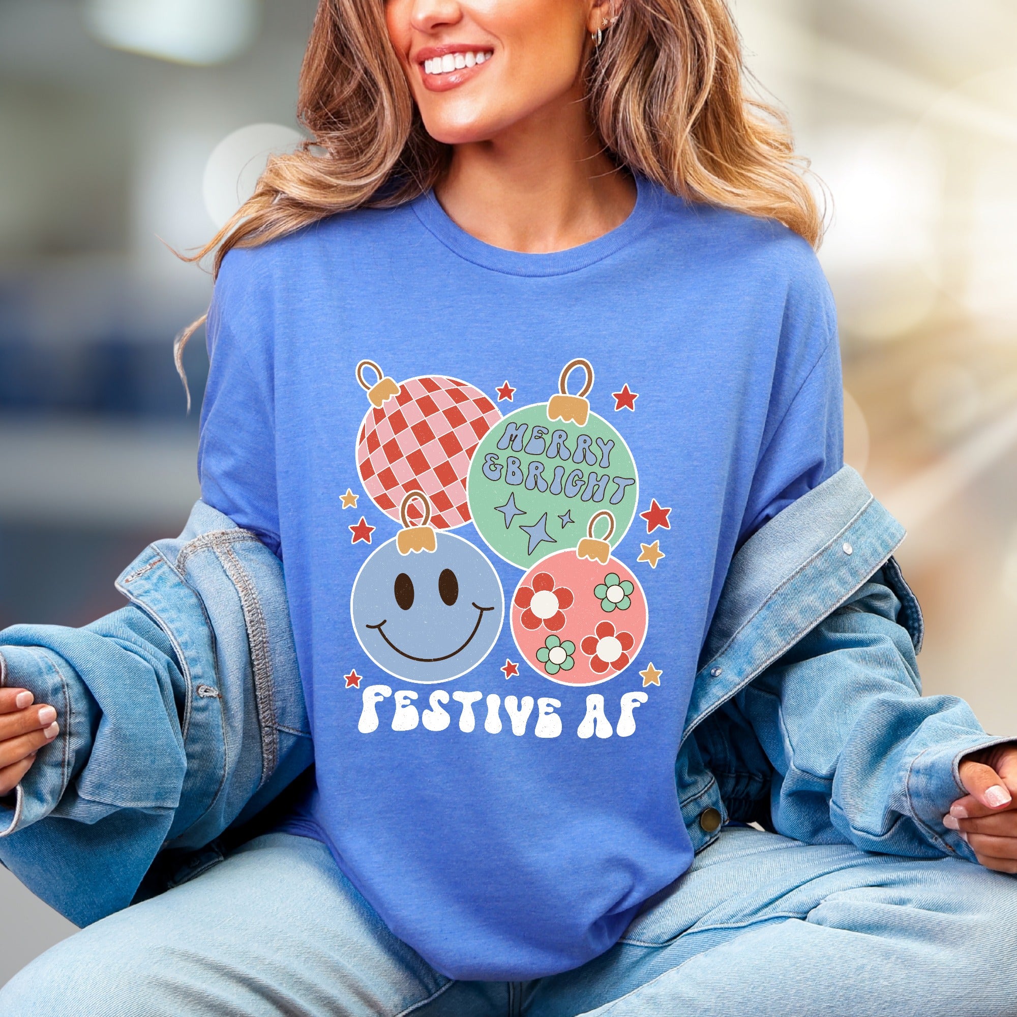 "Festive AF" Retro Holiday Ornaments Tee, a Groovy Christmas Pick for Everyone
