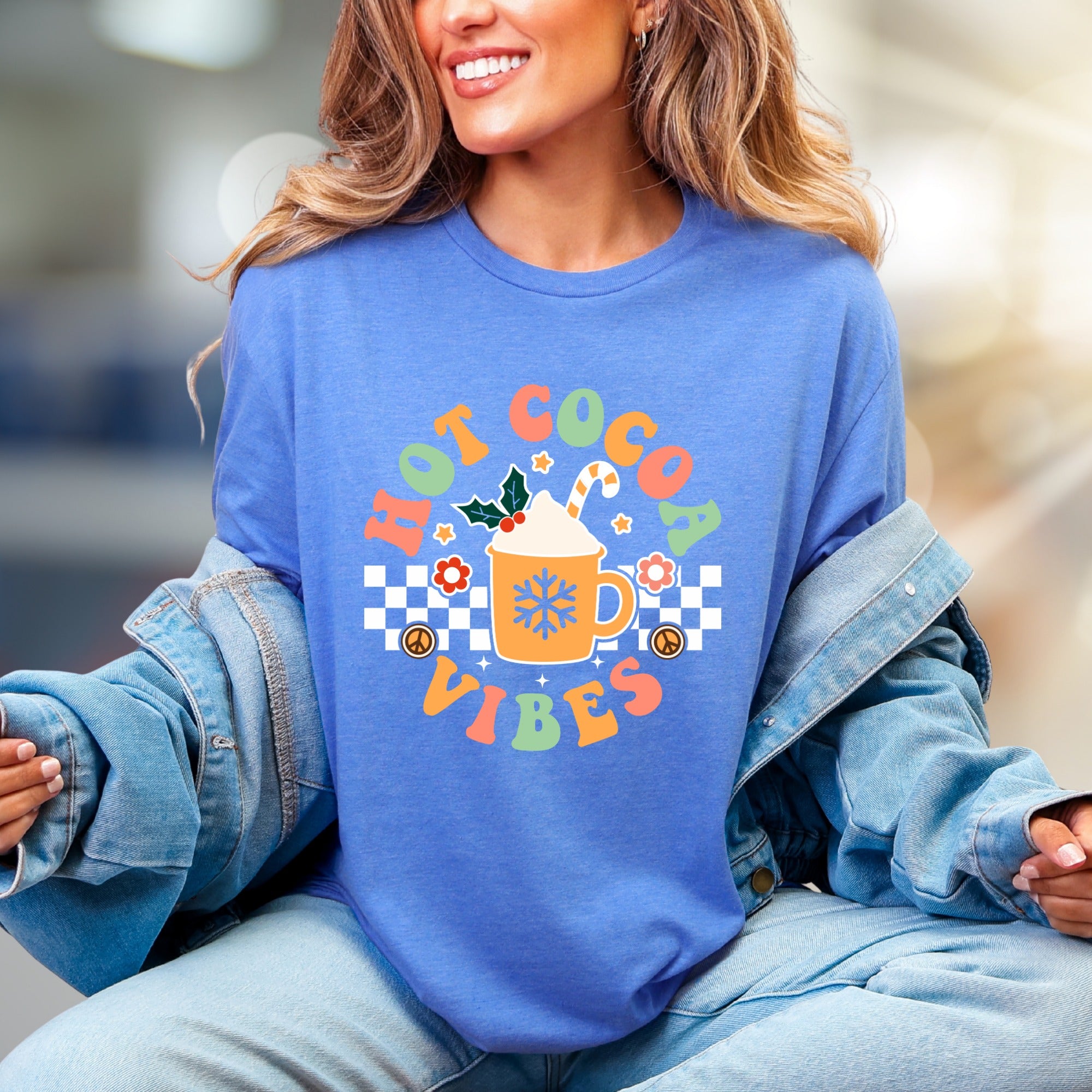 "Hot Cocoa Vibes" Retro Graphic Tee, a Whimsical Pick for Winter Lovers