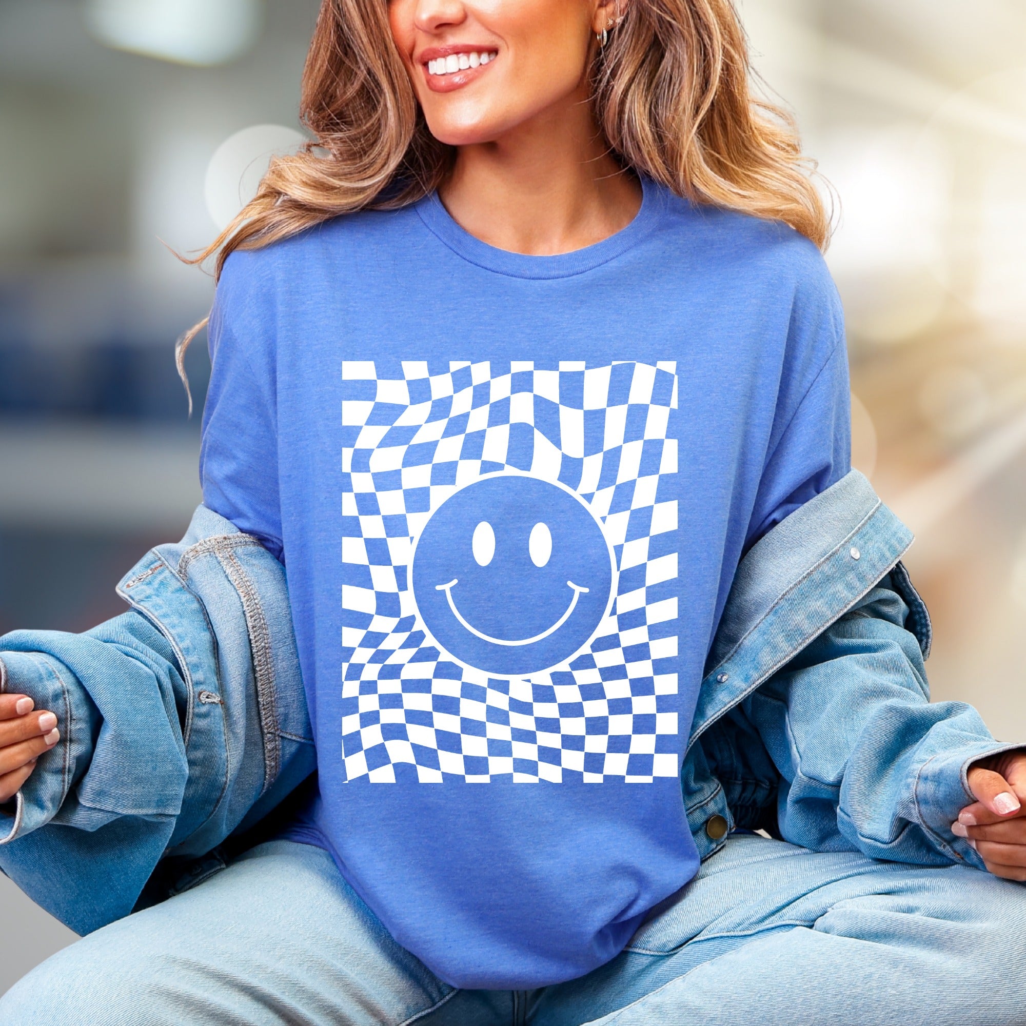 Warped Checkerboard Smiley Graphic Tee, A Retro-Inspired Pick for Free Spirits