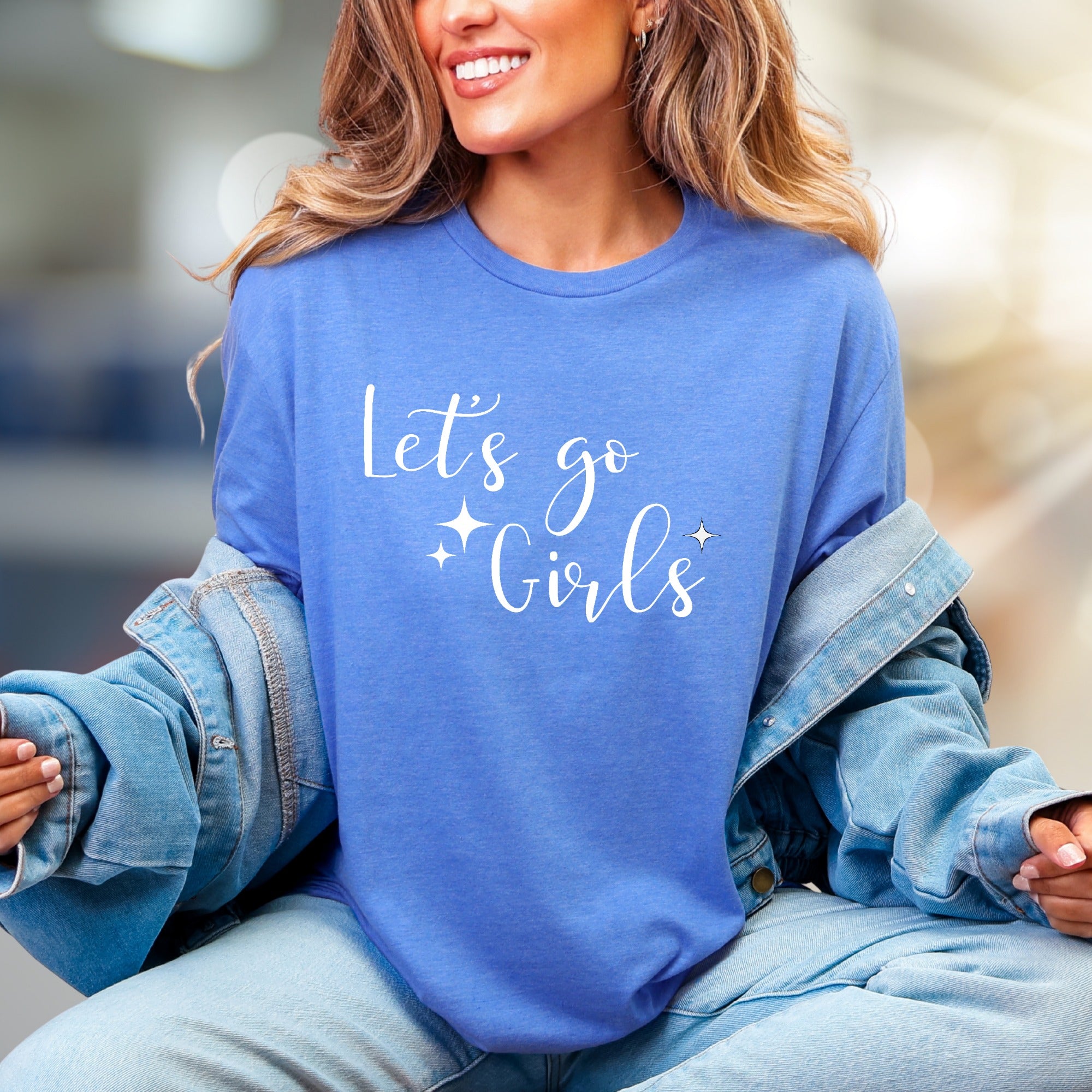 "Let's go Girls" Sparkle Script Graphic Tee, a Fun Western Pick for Friends