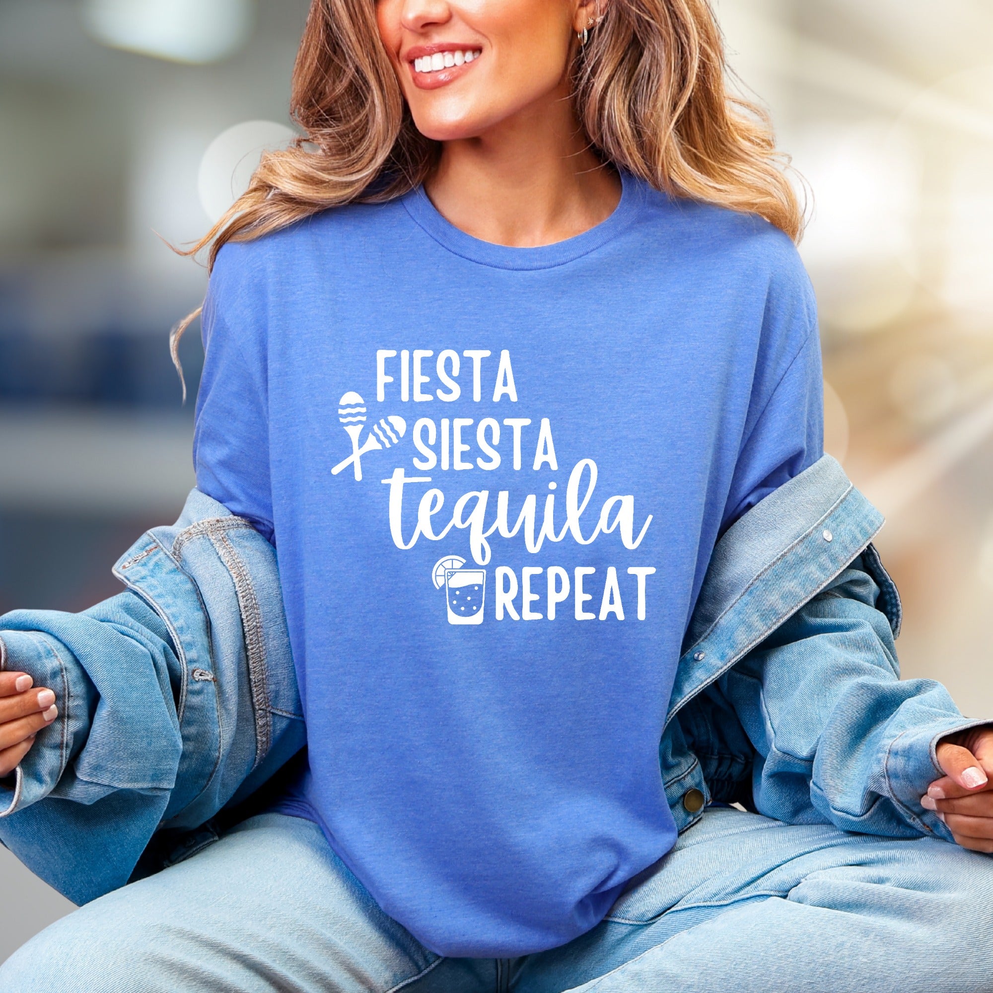 "FIESTA SIESTA TEQUILA REPEAT" Party Vibes Graphic Tee, a Fun Pick for Celebrators