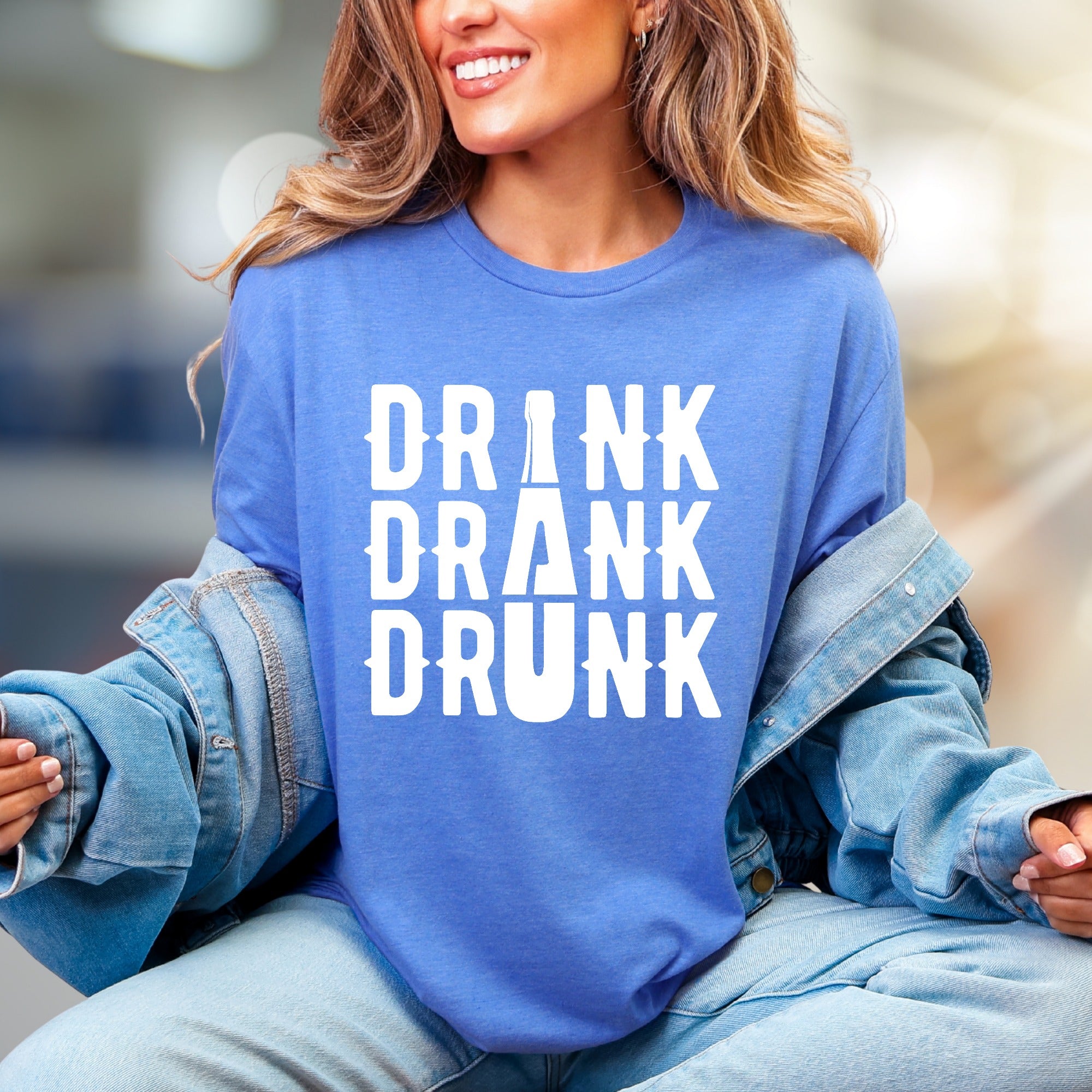 "DRINK DRANK DRUNK" Bar Night Graphic Tee, a Funny Party Pick for Revelers