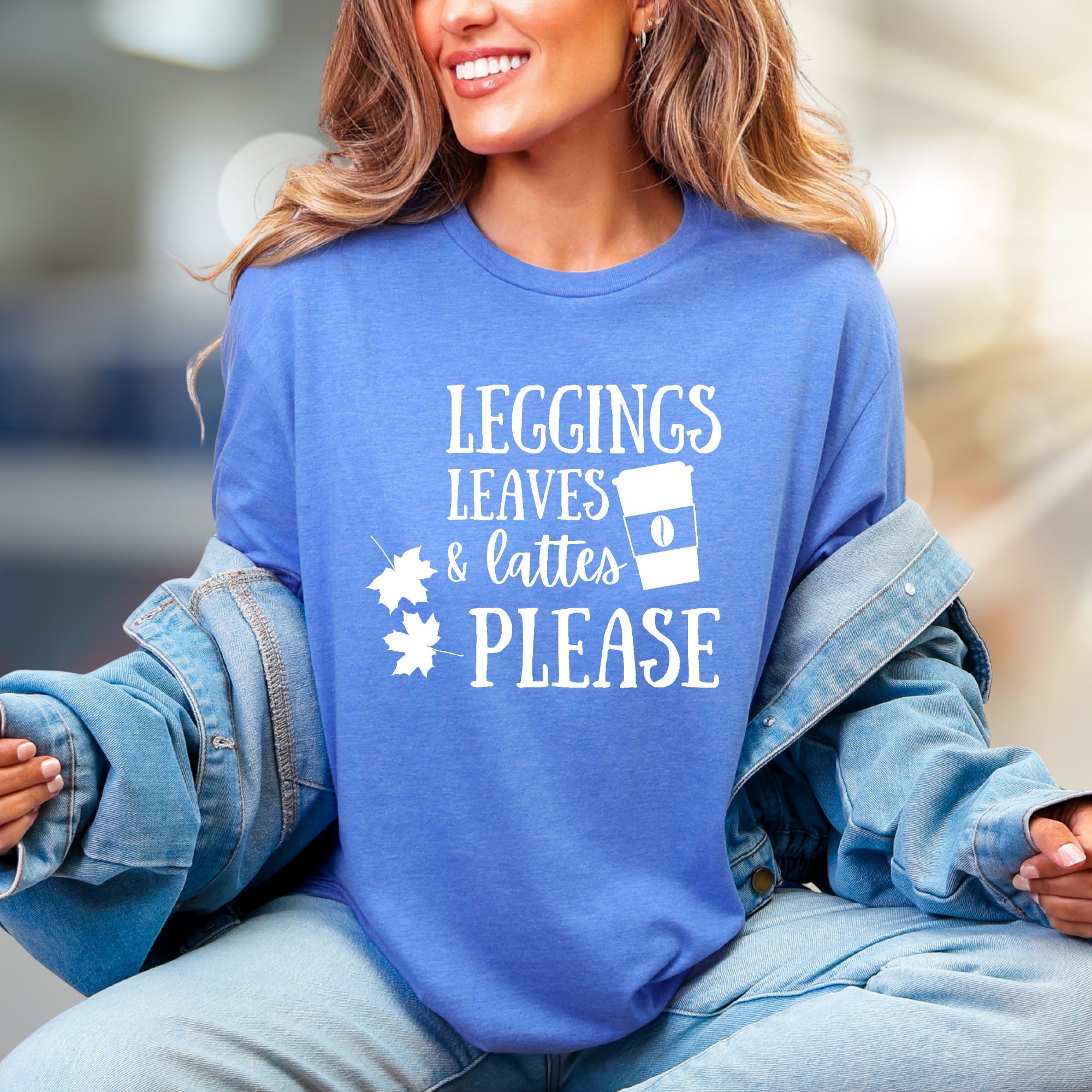 "LEGGINGS LEAVES & LATTES PLEASE" Autumn Comfort Graphic Tee, a Cozy Fall Pick for Coffee Lovers