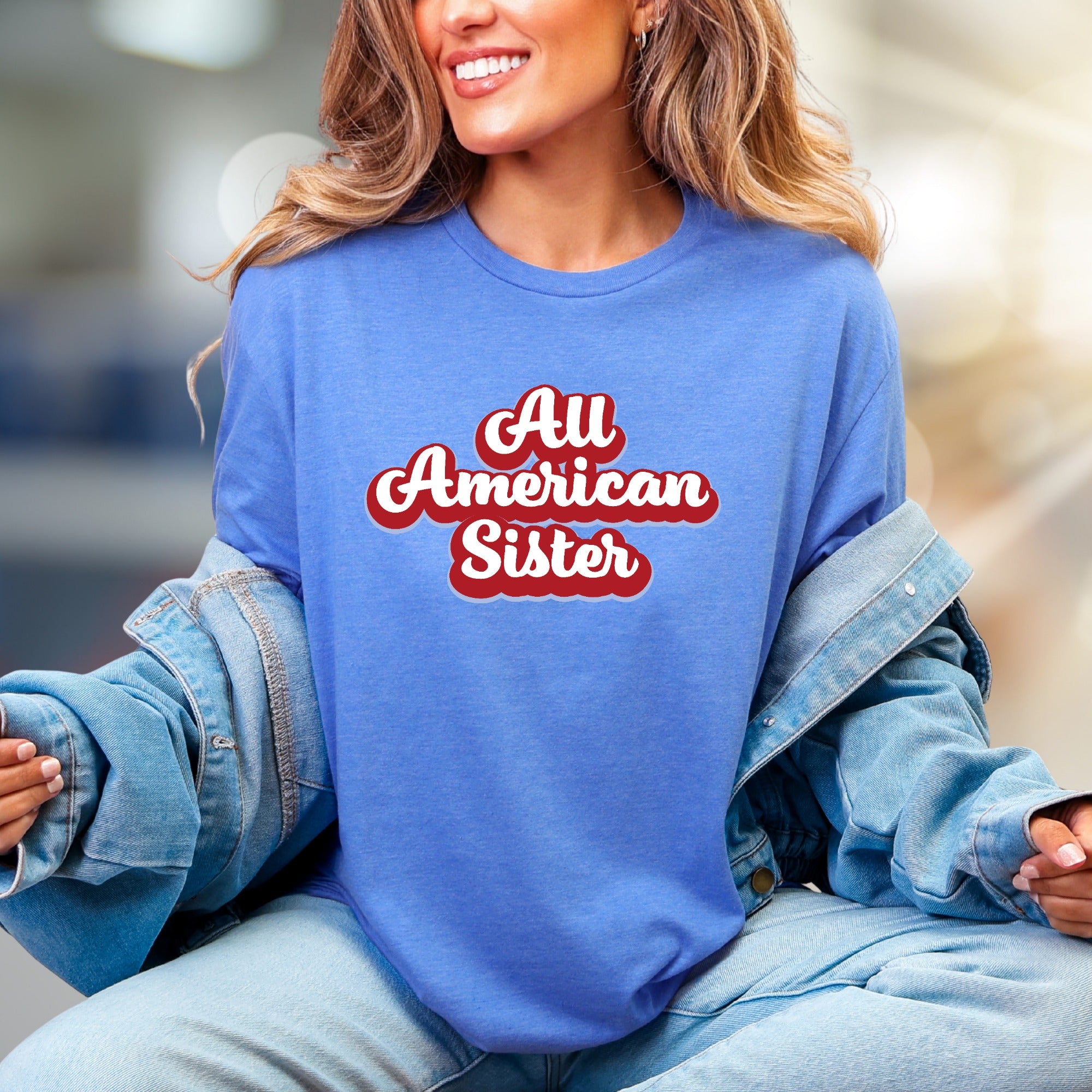 "All American Sister" Retro Graphic Tee, a Family Pride Pick for Sisters