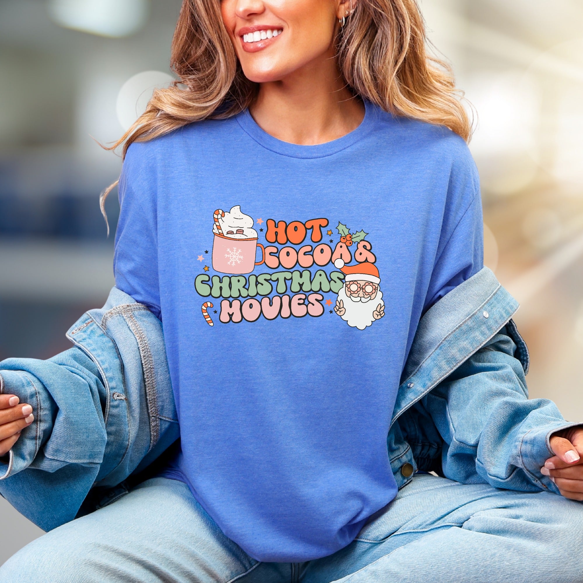 "Hot Cocoa & Christmas Movies" Retro Graphic Tee, a Festive Comfort Pick for Holiday Enthusiasts