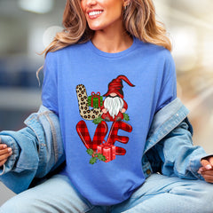 "LOVE" Gnome Leopard Plaid Graphic Tee, a Festive Holiday Gift for Her