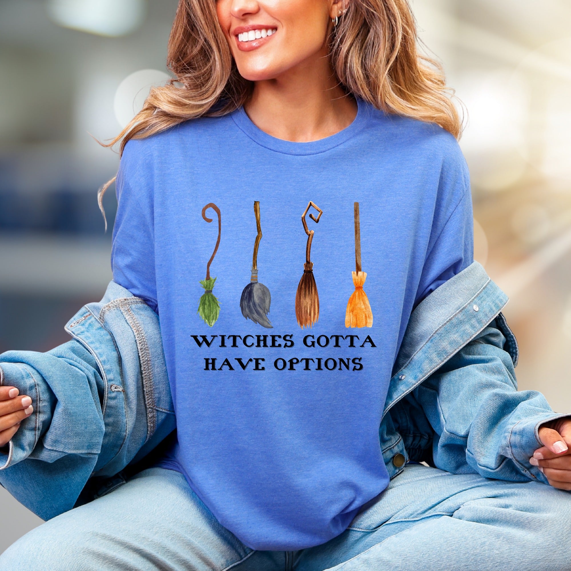 "Witches Gotta Have Options" Halloween Broomstick Graphic Tee, a Spooky Chic Pick for Witches