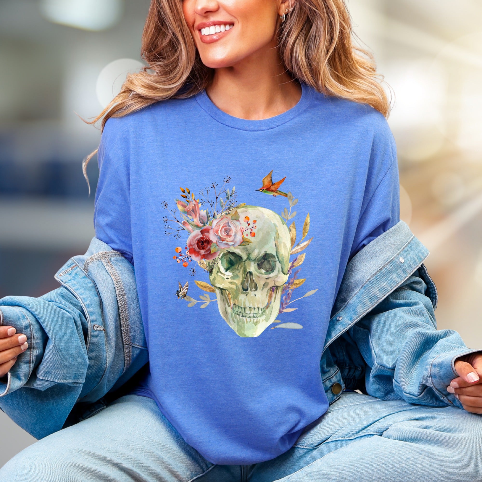 Floral Skull Watercolor Graphic Tee, a Nature-Inspired Pick for Art Lovers