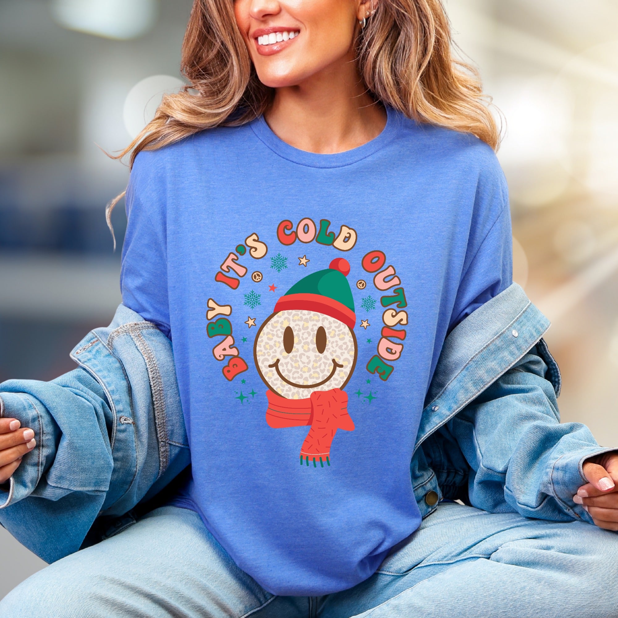 "Baby It's Cold Outside" Winter Smiley Graphic Tee, a Festive Comfort Pick for Holiday Lovers