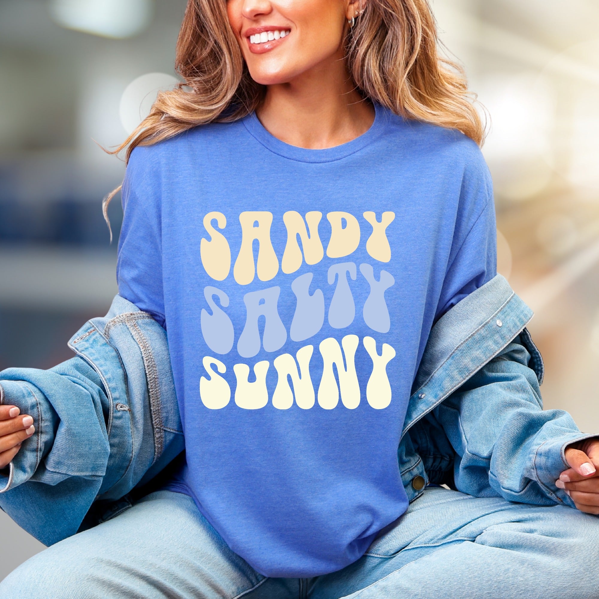 "Sandy Salty Sunny" Retro Summer Graphic Tee, a Beach Lover's Relaxed Pick
