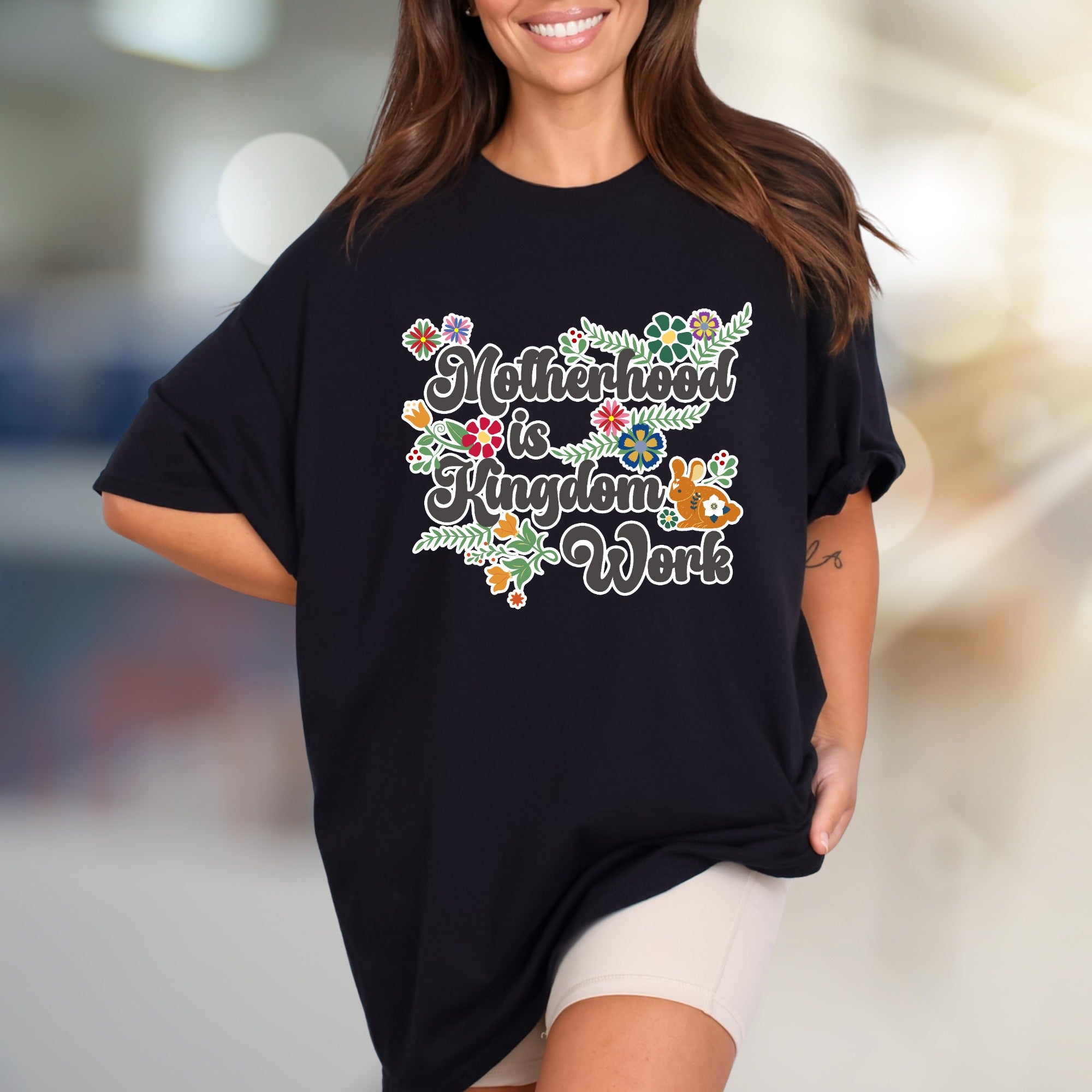 "Motherhood is Kingdom Work" Floral Graphic Tee, a Bohemian Mom Life Pick for Her