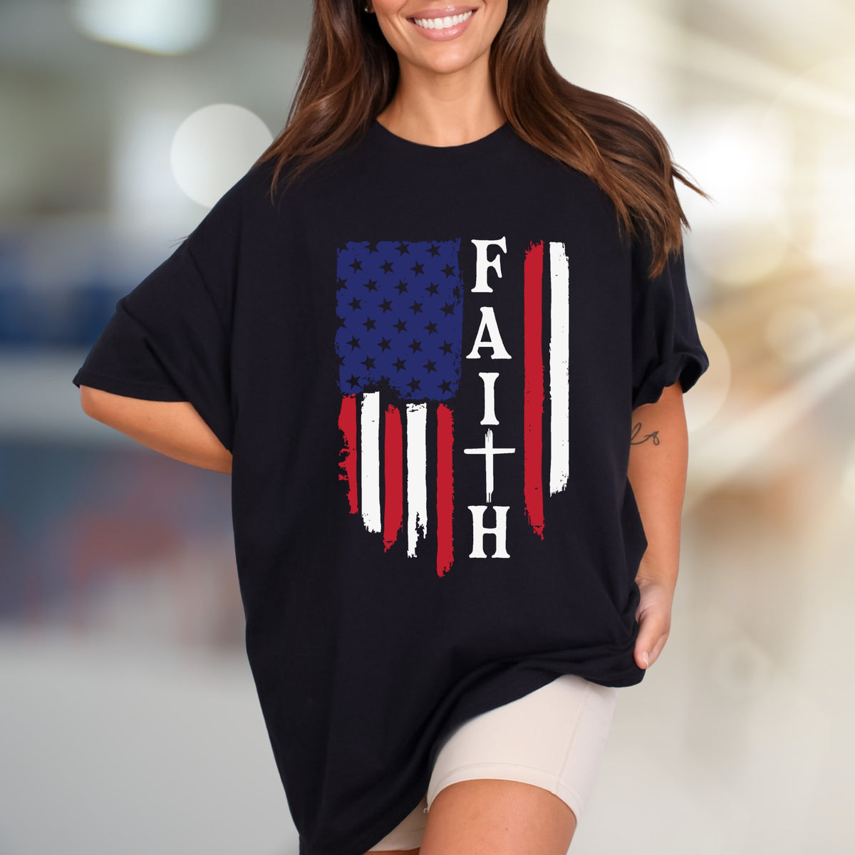 "FAITH" American Flag Graphic Tee, a Patriotic Expression for Believers