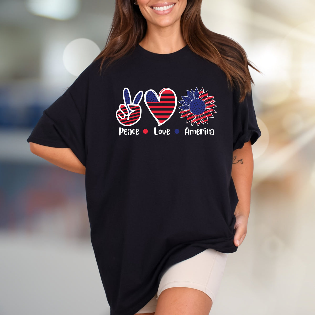 "Peace Love America" Patriotic Sunflower Graphic Tee, a Summer Celebration Pick for Everyone