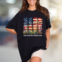 "ONE NATION UNDER GOD" Patriotic Floral Graphic Tee, A Faith-Inspired Statement for Believers