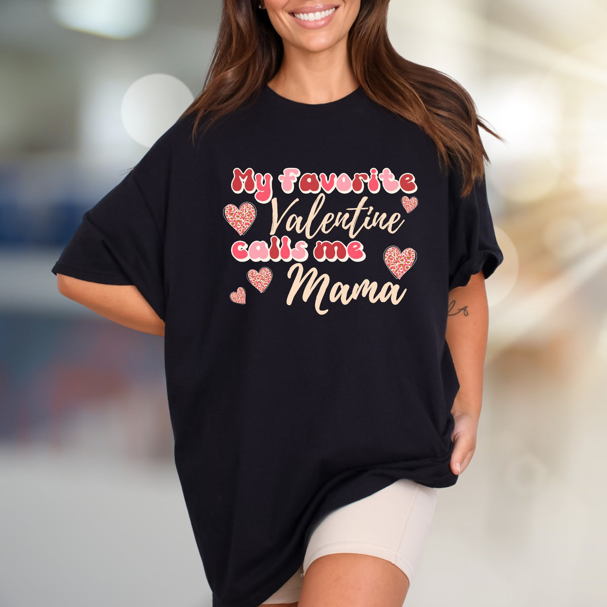 "My Favorite Valentine Calls Me Mama" Leopard Hearts Graphic Tee, a Sweet Gift for Moms