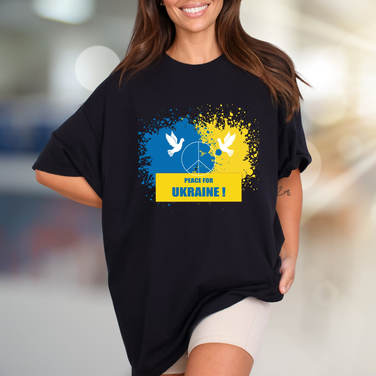 "Peace for Ukraine!" Splatter Peace Tee, a Statement Piece for Advocates
