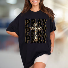"PRAY" Leopard Print Cross Graphic Tee, a Faith-Inspired Western Pick for Her