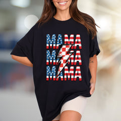 "MAMA" American Flag Lightning Bolt Graphic Tee, a Patriotic Pick for Proud Moms