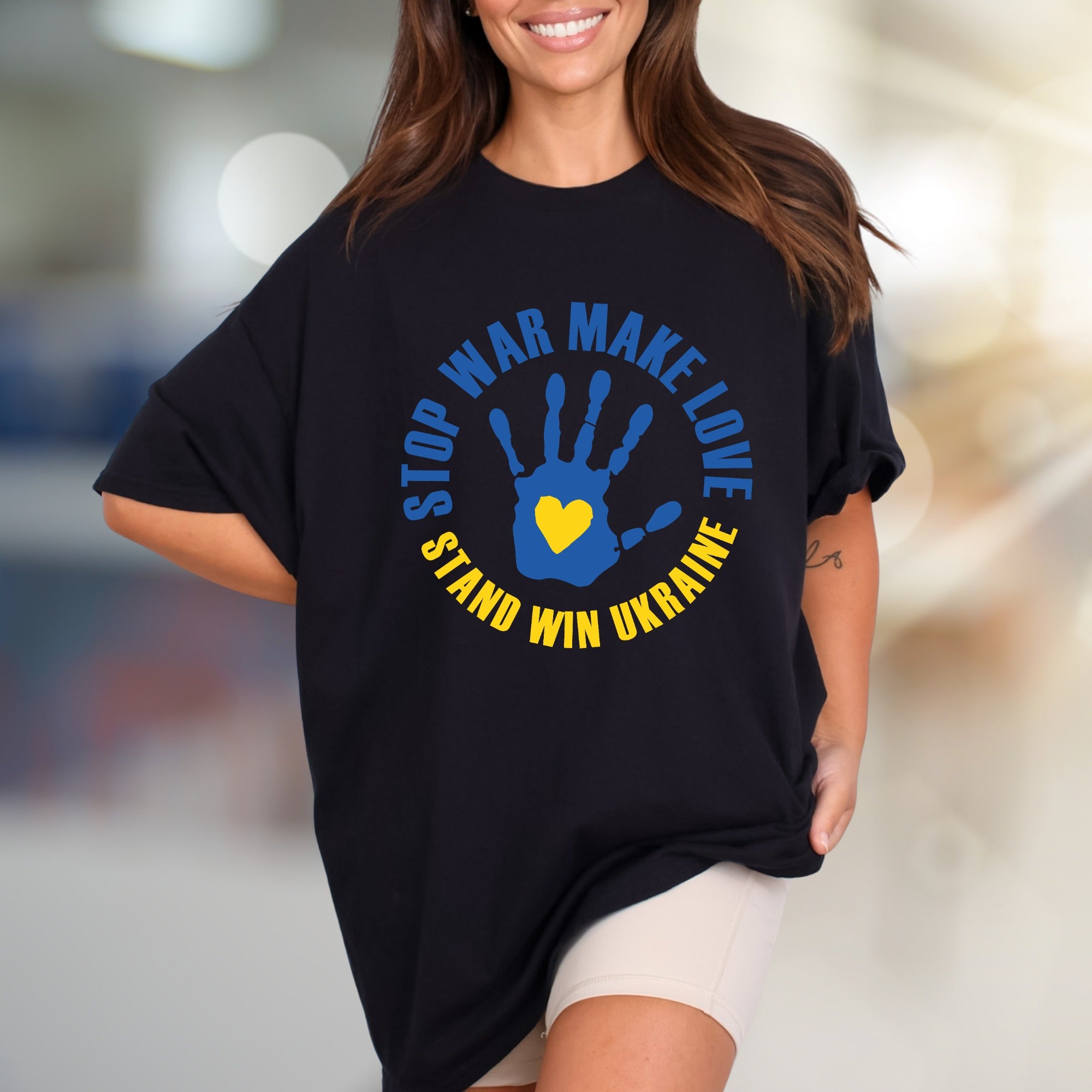 "STOP WAR MAKE LOVE STAND WIN UKRAINE" Solidarity Graphic Tee, a Statement Piece for Advocates