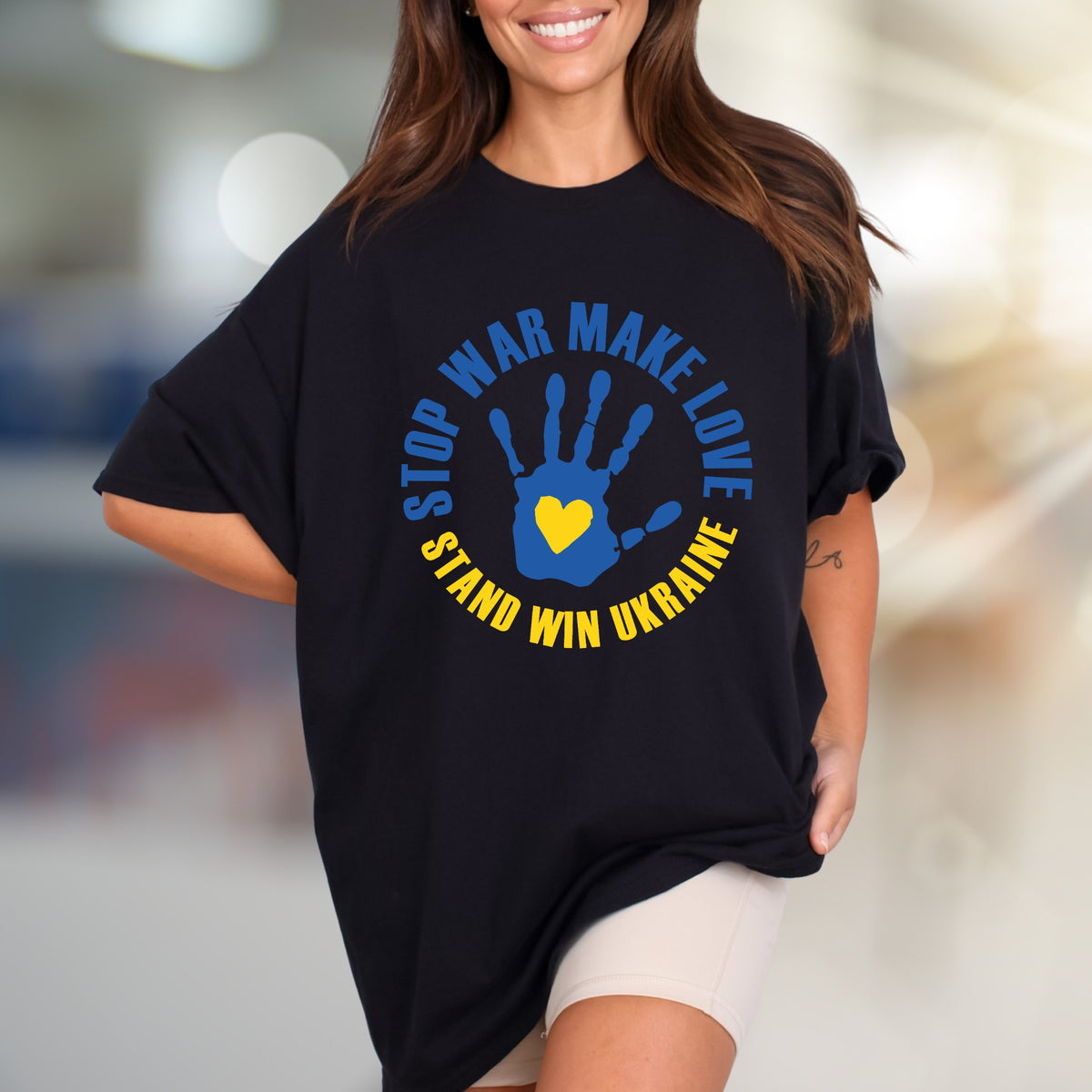 "STOP WAR MAKE LOVE STAND WIN UKRAINE" Solidarity Graphic Tee, a Statement Piece for Advocates