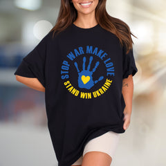 "STOP WAR MAKE LOVE STAND WIN UKRAINE" Solidarity Graphic Tee, a Statement Piece for Advocates