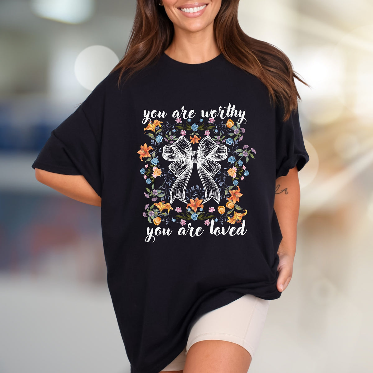 "You Are Worthy, You Are Loved" Floral Bow Graphic Tee, a Self-Love Pick for Women