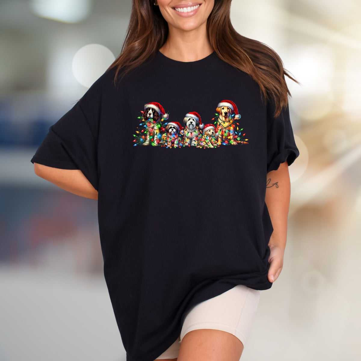 Chrismas Dogs Lights Graphic Tee, a Festive Holiday Pet-Lover Pick for Everyone