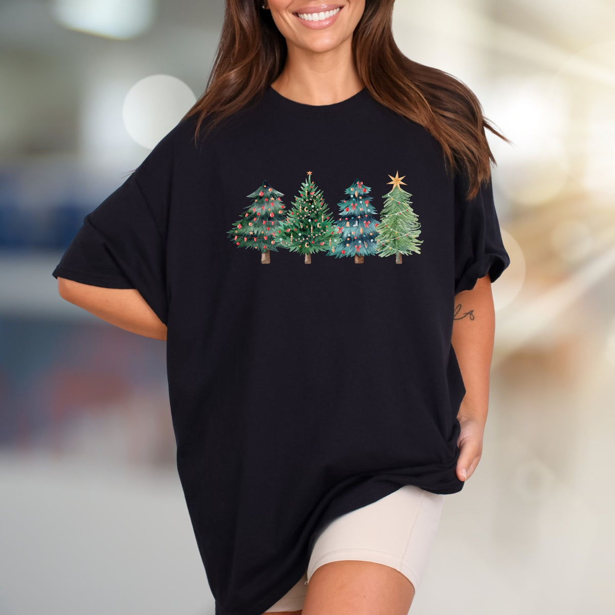 Festive Watercolor Christmas Trees Graphic Tee, A Cozy Holiday Pick for Everyone