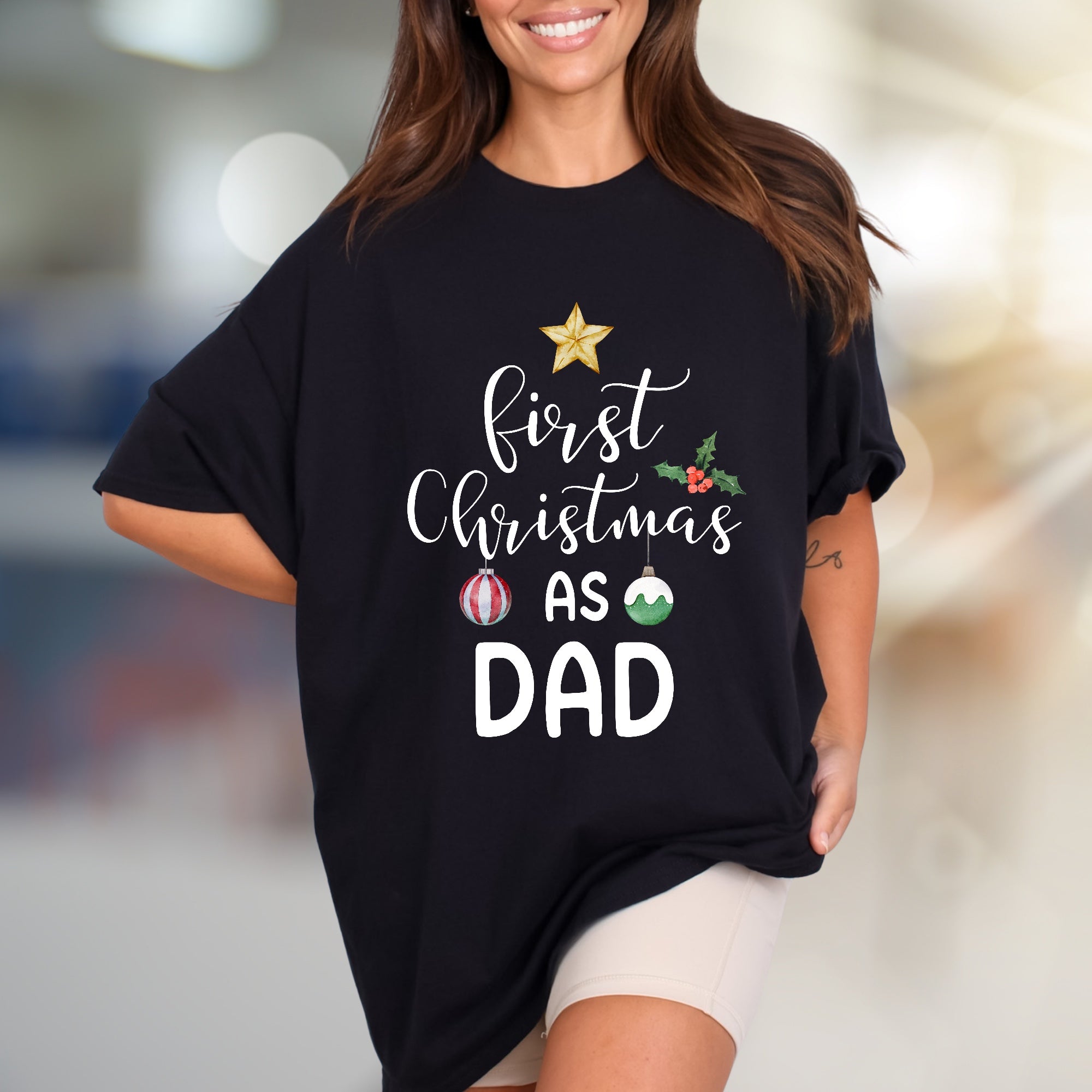 "First Christmas As Dad" Festive Graphic Tee, a New Dad's Holiday Pick