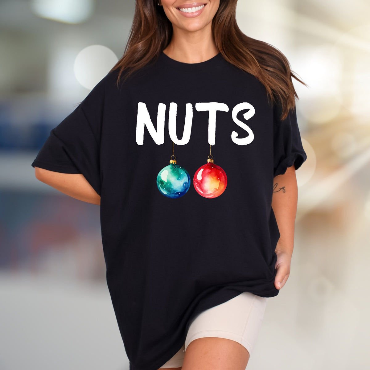 "NUTS" Christmas Ornaments Graphic Tee, a Funny Holiday Pick for Everyone