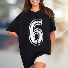 "6" Distressed Number Graphic Tee, a Bold Sporty Pick for Anyone