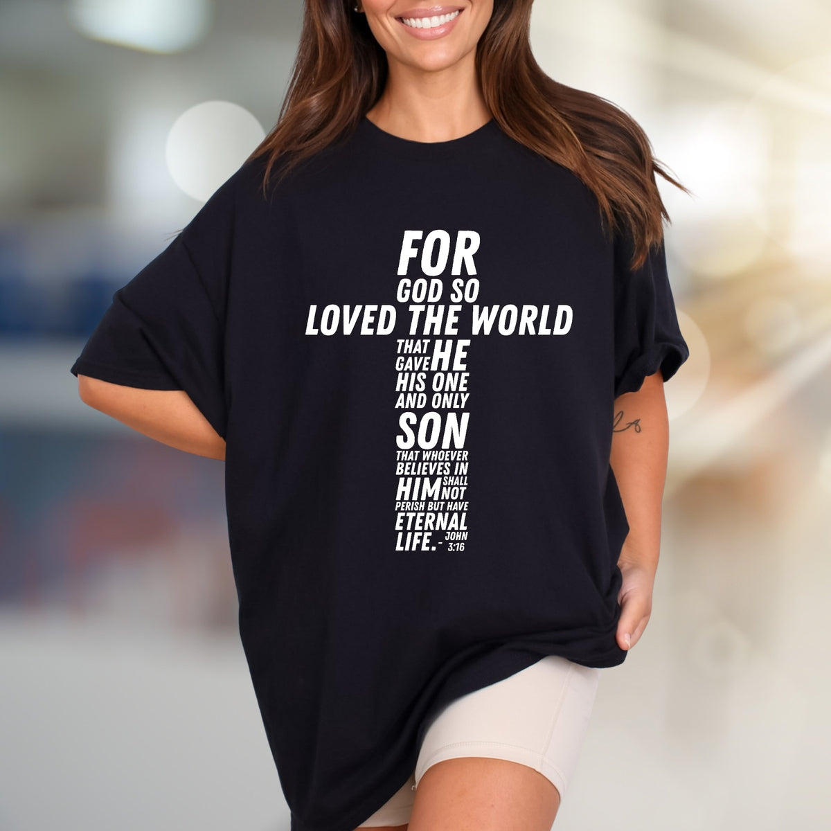 "For God So Loved The World" Scripture Cross Graphic Tee, a Faith-Inspired Pick for Believers