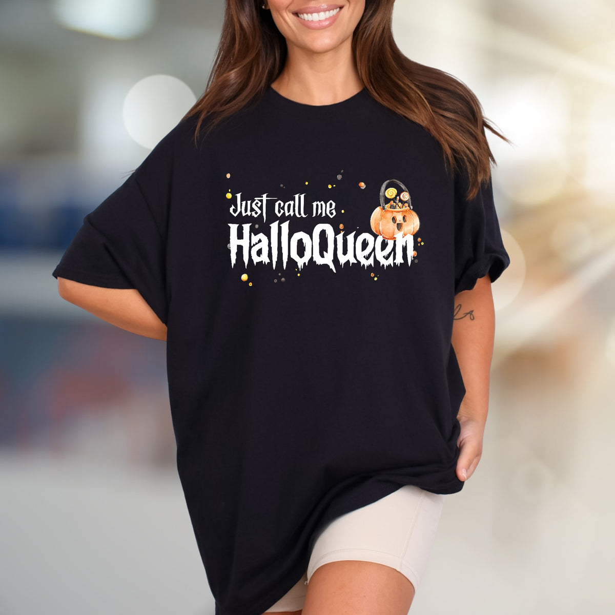 "Just Call Me Halloqueen" Spooky Fun Graphic Tee, a Halloween Pick for Trick-or-Treaters