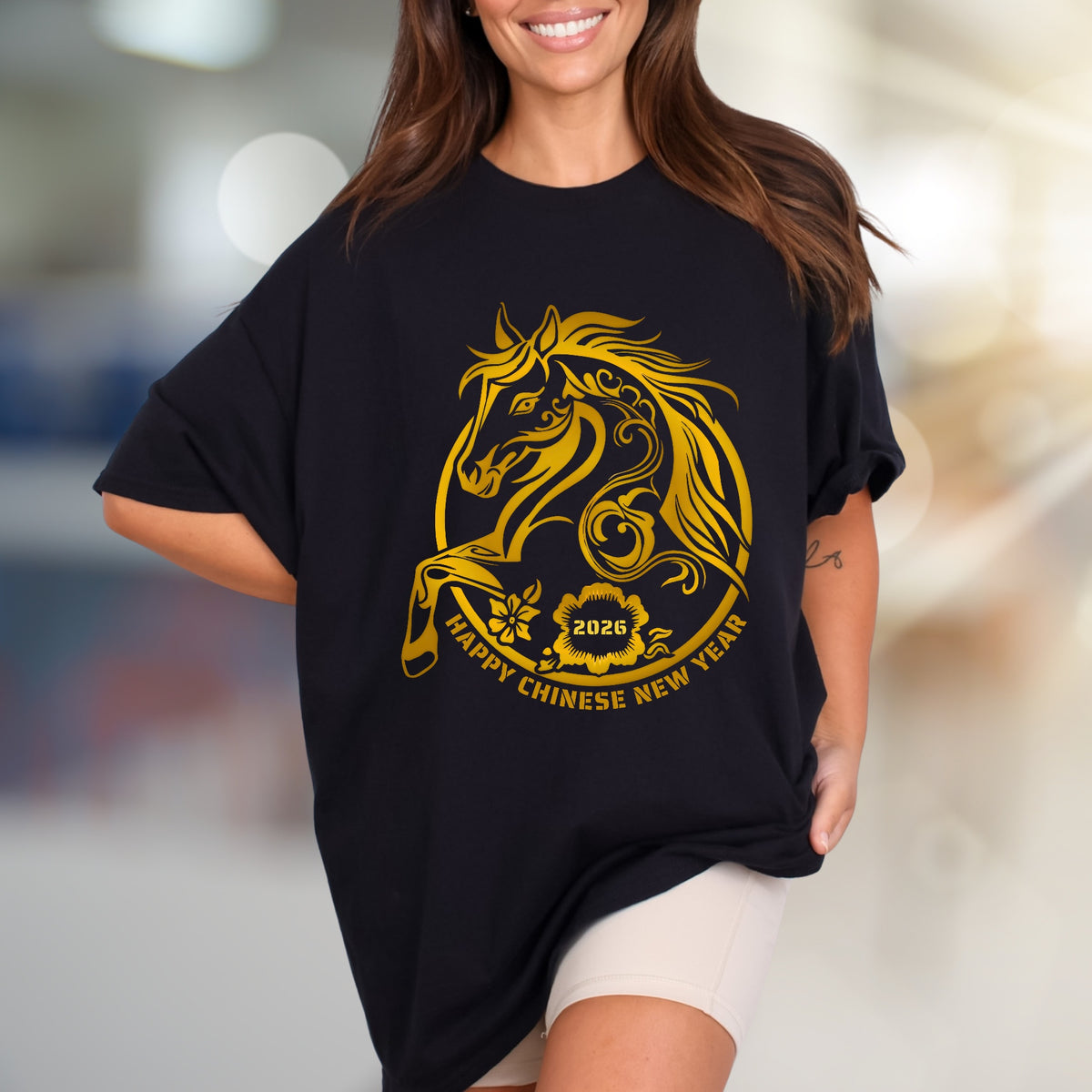 "HAPPY CHINESE NEW YEAR 2026" Golden Horse Graphic Tee, an Auspicious Celebration Unisex Top