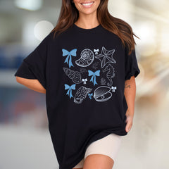 Oceanic Bows & Seashells Graphic Tee, a Whimsical Coastal Pick for Beach Lovers