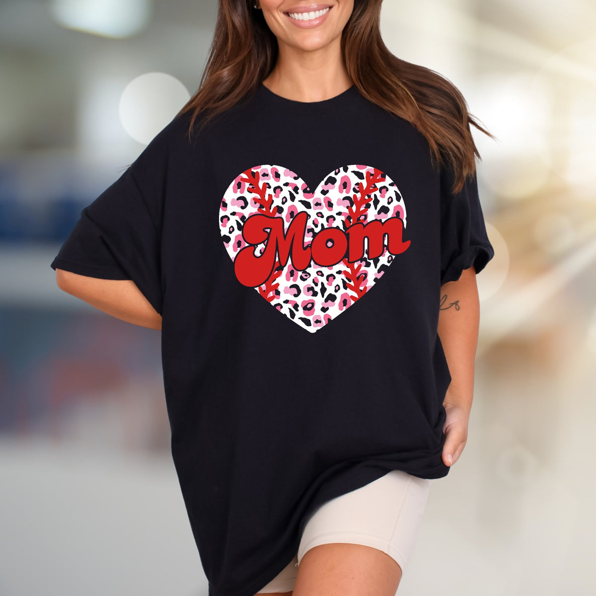 Mom Leopard Print Heart Baseball Graphic Tee, a Trendy Statement for Her