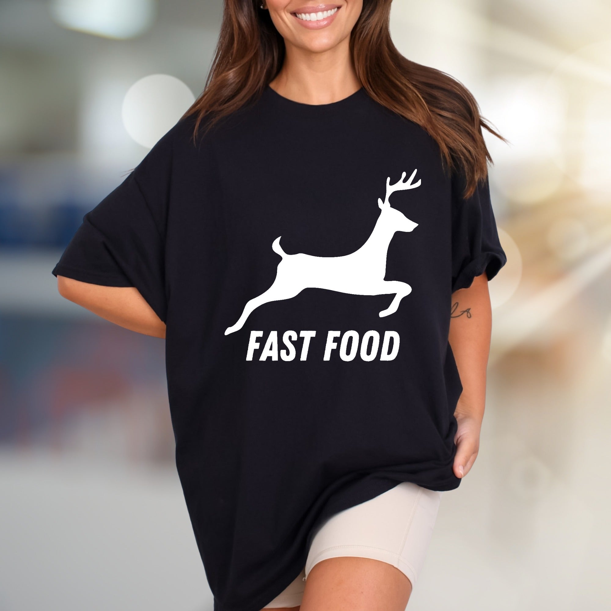 "Fast Food" Hunter Deer Graphic Tee, a Humorous Outdoorsy Pick for Enthusiasts
