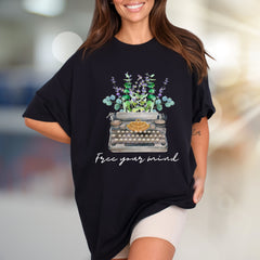 "Free Your Mind" Typewriter Floral Graphic Tee, a Creative Expression Unisex Tee
