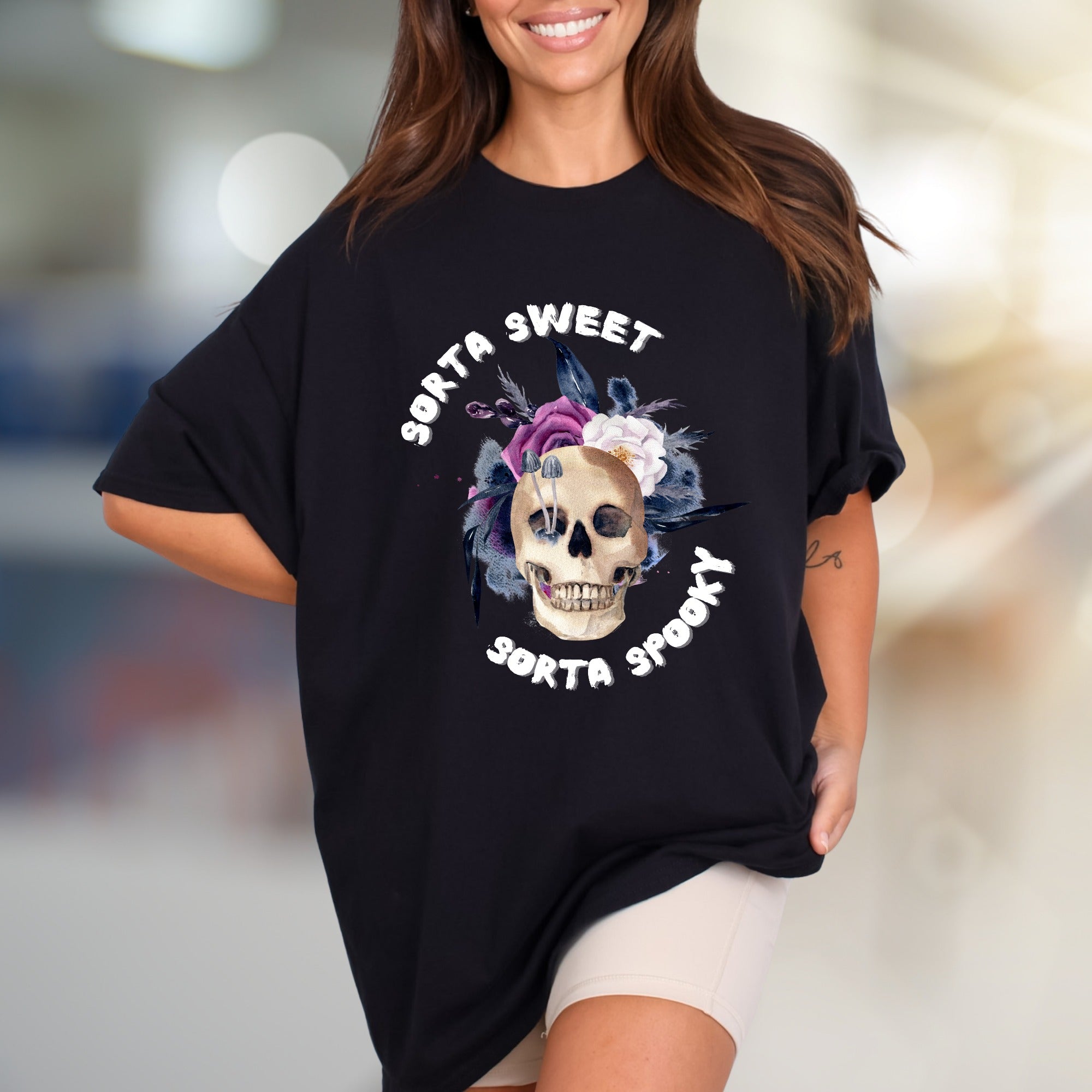 "Sorta Sweet Sorta Spooky" Skull Graphic Tee, a Gothic Chic Pick for Halloween Lovers