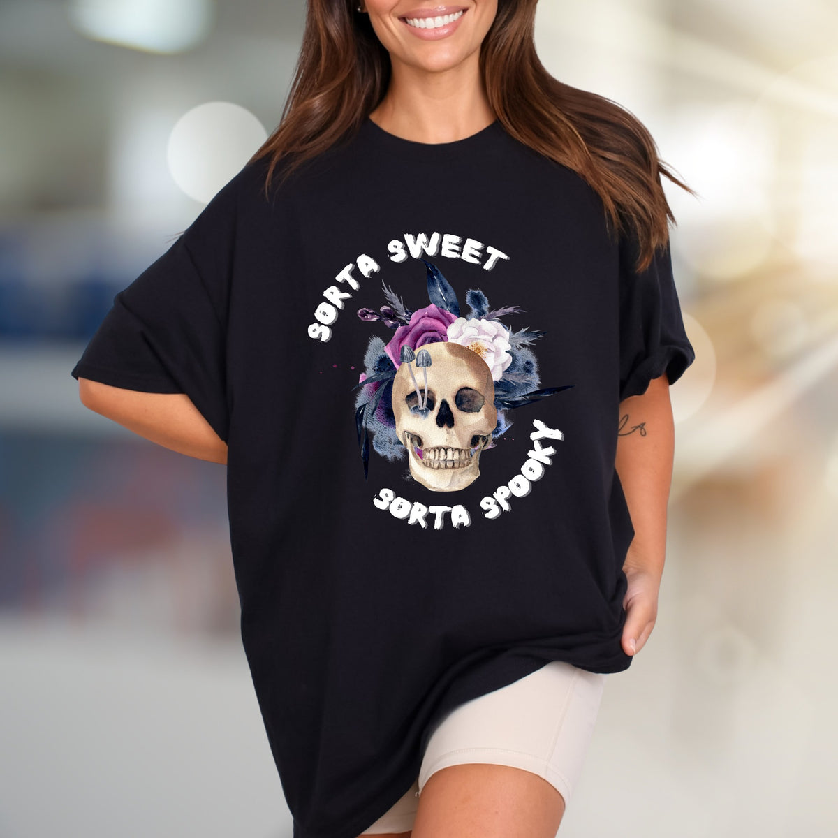 "Sorta Sweet Sorta Spooky" Skull Graphic Tee, a Gothic Chic Pick for Halloween Lovers