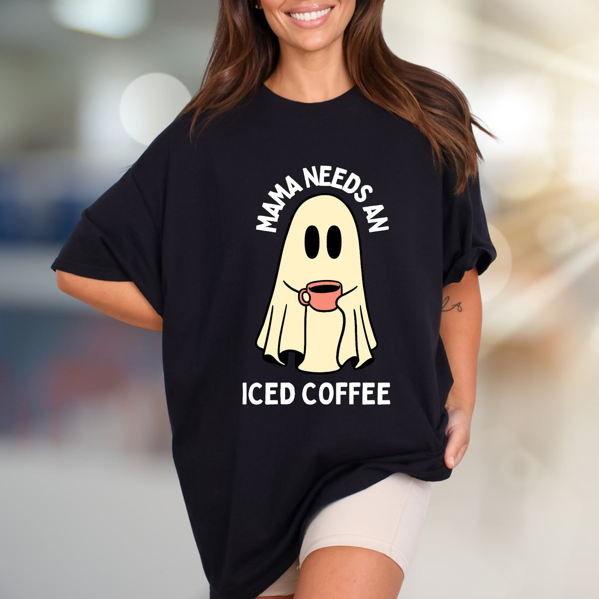 "Mama Needs An Iced Coffee" Spooky Coffee Lover Graphic Tee, a Humorous Mom Pick for Everyday Comfort