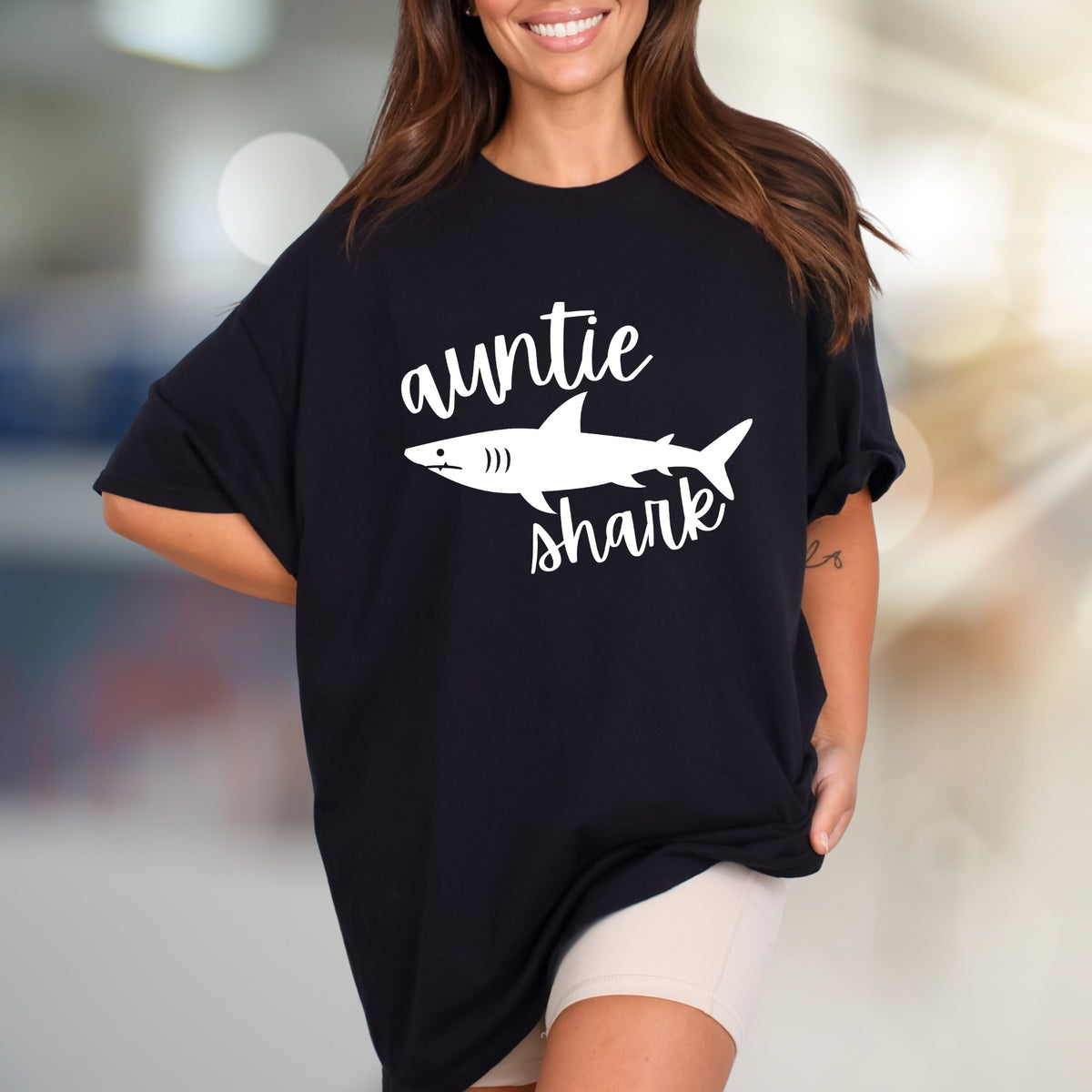 "Auntie Shark" Ocean Fun Graphic Tee, a Family Love Pick for Cool Aunts